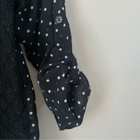 Xhilaration Black Polka Dot Semi-Sheer Lace Black White ButtonWomen's Blouse Top - Picture 8 of 12